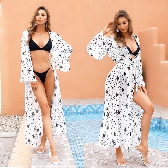 Boho White Chiffon with Black Stars Kimono Duster Beach Coverup - Picture 6 of 16